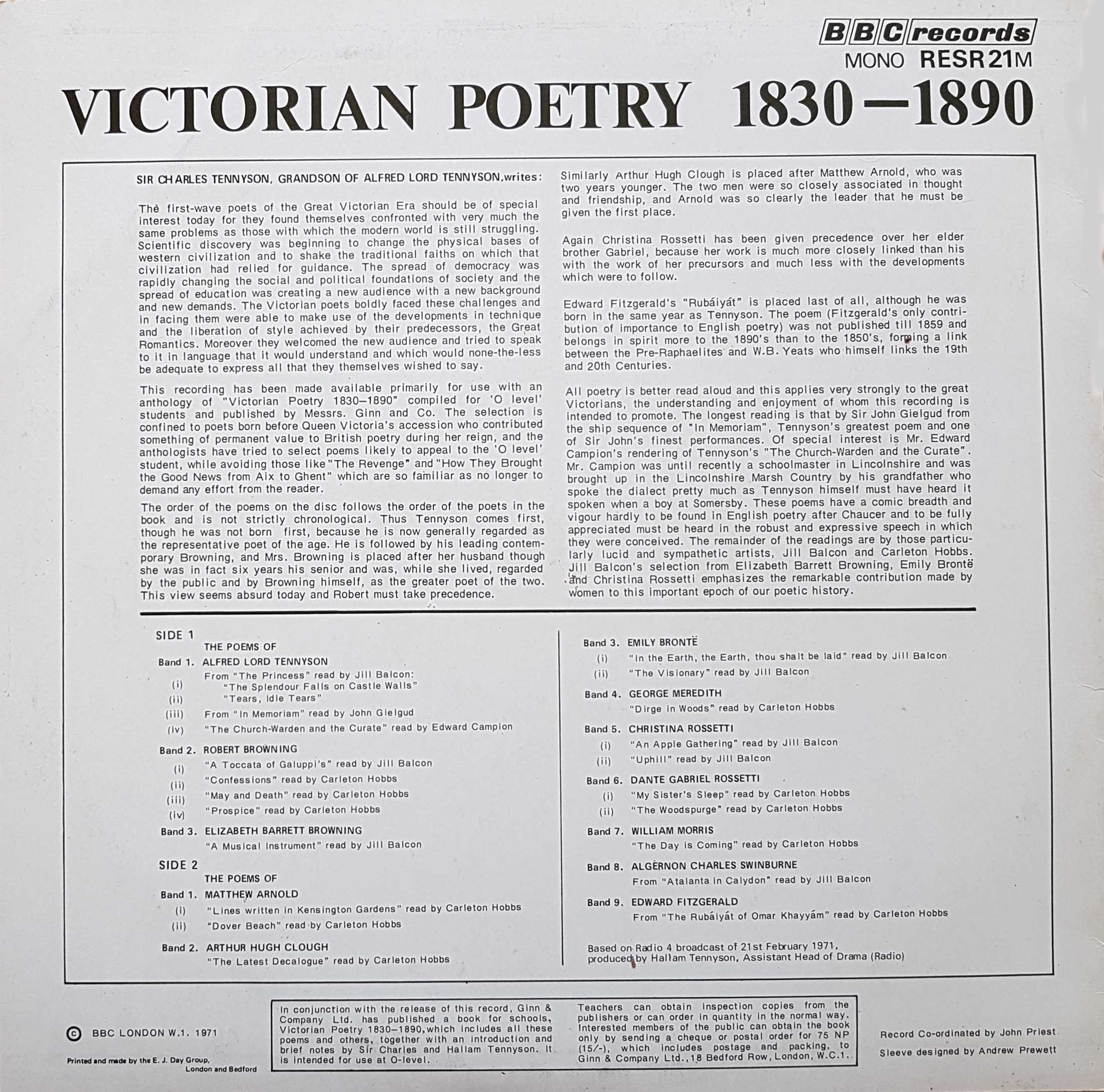 Picture of RESR 21 Victorian poetry 1830-1890 by artist Various from the BBC records and Tapes library